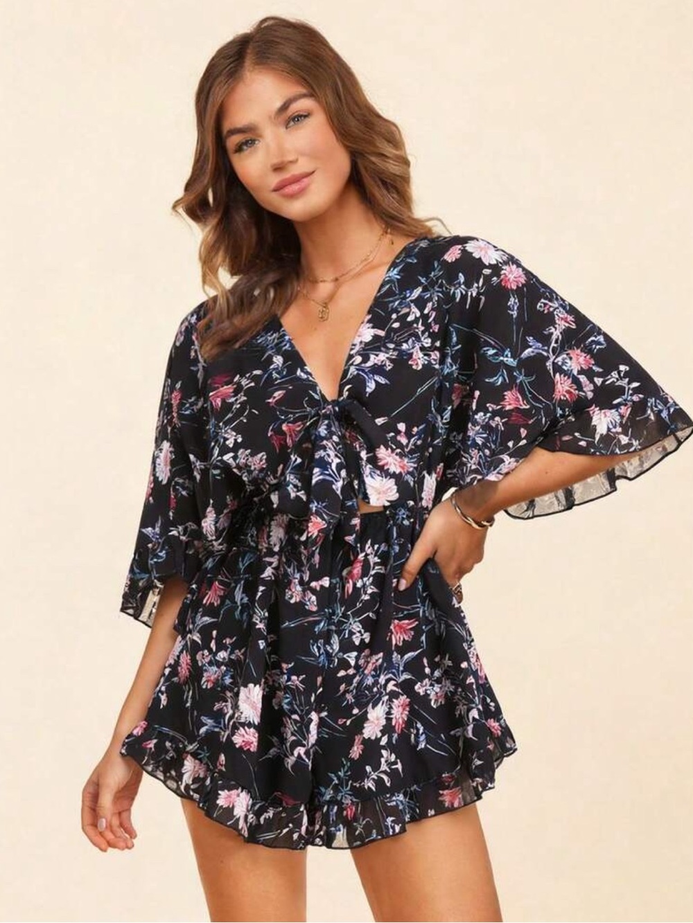 Floral Black Tie-Front Swim Romper